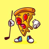 vector illustratie van kawaii pizza tekenfilm karakter met stok golf en bal. vector eps 10