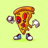 vector illustratie van kawaii pizza tekenfilm karakter met stok golf en bal. vector eps 10