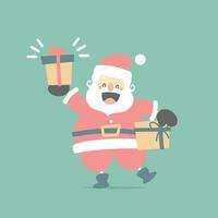 vrolijk Kerstmis en gelukkig nieuw jaar met schattig de kerstman claus en Cadeau geschenk in de winter seizoen groen achtergrond, vlak vector illustratie tekenfilm karakter kostuum ontwerp