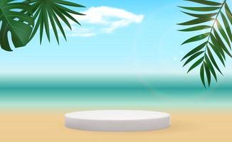 realistische 3D-voetstuk op zonnige achtergrond met palmbladeren. vector