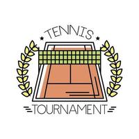 tennisbaan sport met krans en belettering lijn en opvulling stijlicoon vector