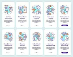 voorkomen smartphone hacken tips onboarding mobiel app scherm set. walkthrough 5 stappen bewerkbare grafisch instructies met lineair concepten. ui, ux, gui sjabloon vector