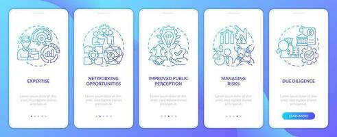 onderneming hoofdstad financiering voordelen blauw helling onboarding mobiel app scherm. walkthrough 5 stappen grafisch instructies met lineair concepten. ui, ux, gui sjabloon vector