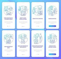 beschermen van hagelbui en overstroming blauw helling onboarding mobiel app scherm set. walkthrough 4 stappen grafisch instructie met lineair concepten. ui, ux, gui sjabloon vector