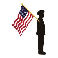 militair officier silhouet met usa vlag zwaaien vector