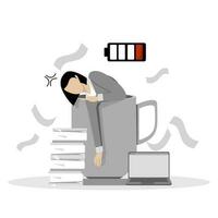 koffie pauze, zakenvrouw moe, verloren energie concept. opladen. verlichten spanning veroorzaakt door drinken koffie. een zakenvrouw of werknemer slaapt in een groot koffie beker. vector