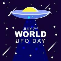 wereld ufo dag 2 juli, poster groet kaart illustratie ontwerp met ufo en aarde in heelal nacht vector