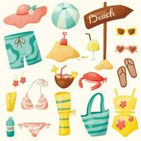 reeks van tekenfilm vector zomer pictogrammen. elementen van zee en strand vakantie, items voor zwemmen en zonnen. modern tekenfilm stickers van kleding en accessoires.