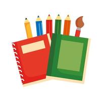 notebooks school met kleuren potloden en verf penseel platte stijlicoon vector