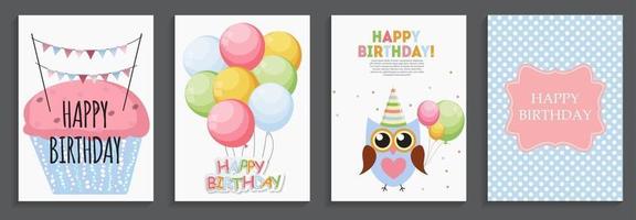 gelukkige verjaardag, vakantiegroet en uitnodigingskaartsjabloon ingesteld met ballonnen en vlaggen vector