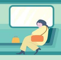 jong vrouw slapen Aan openbaar doorvoer vlak stijl vector illustratie , moe dame slapen Aan openbaar bus of trein gemakkelijk vector beeld