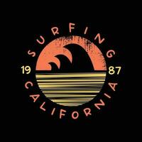 illustratie surfing en surfen in Californië, Venetië strand. wijnoogst ontwerp. sport typografie, t-shirt vector