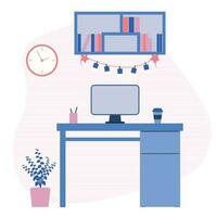 vector grafisch illustratie van een kamer Aan een wit achtergrond. een bureaublad met een computer en een kop van koffie, een plank met boeken, een muur klok en een kamerplant.