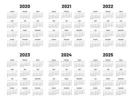 kalender rooster. 2020 2021 en 2022 jaarlijks kalenders. 2023, 2024 jaren organisator en 2025 jaar doordeweekse dagen vector illustratie reeks