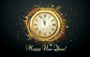 nieuw jaar countdown horloge. vakantie antiek klok met gouden confetti, gelukkig nieuw jaar groet kaart vector illustratie