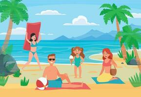 familie strand vakantie. jong familie met gelukkig kinderen zonnen Aan zand strand, zomer kust tekenfilm vector illustratie