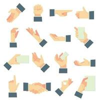zakenman handen gebaren. richting richten hand, geven handvol gebaar en houden in mannetje handen tekenfilm vector illustratie reeks