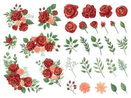 rood bloemen boeket. bordeaux roos bloem, wijnoogst rozen boeketten en voorjaar bloemen vector illustratie reeks