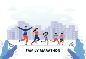 familie marathons. gelukkig ouders rennen samen met kinderen. gezond levensstijl, jogging mensen vector illustratie. weinig kinderen bonding met moeder en vader. mensen deelnemen in sportief werkzaamheid