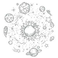 tekening zonne- systeem. hand- getrokken zon, kosmisch komeet en planeet aarde vector illustratie. buitenste ruimte monochroom kleur boek tekening. hemel- lichamen spinnen in de omgeving van ster. astronomie concept