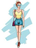 blond meisje in modieus kleren. hand- getrokken jong vrouw met blond haar- in zonnebril, mode zomer shorts schetsen vector illustratie