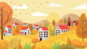 herfst dorp landschap. platteland herfst- tuinen, geel bomen en zonnig dag vector achtergrond illustratie