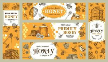 honing spandoek. gezond snoepgoed, natuurlijk bijen honing pot en bij boerderij producten banners vector verzameling