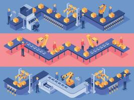 isometrische industrieel fabriek geautomatiseerd lijn. verpakking transportband apparatuur, automatisering lijn en industrie fabrieken vector illustratie