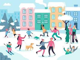 winter stad activiteiten. sneeuw buitenshuis mensen wandelen, familie vakantie pret en stedelijk evenementen vector illustratie