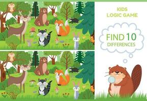 Woud dieren vind verschillen spel. leerzaam kinderen spellen karakters, bos- dier en wild bossen vector tekenfilm illustratie