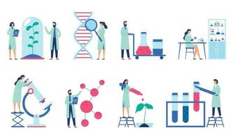 Onderzoek wetenschapper. wetenschap laboratorium, chemie wetenschappers en klinisch laboratorium geïsoleerd vlak vector illustratie reeks