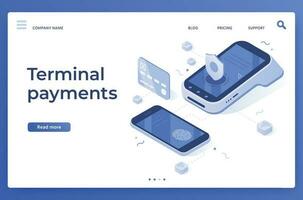 isometrische pos terminal betalingen. geld overschrijvingen, smartphone betaling Diensten en digitaal betalen vector illustratie