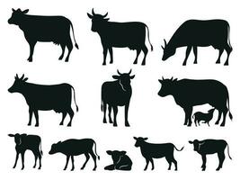 koe silhouet. zwart koeien en kalf zoogdier dieren vector pictogrammen reeks