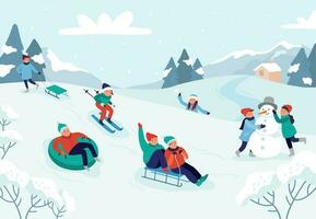 kinderen rijden rodelen schuiven. sneeuw landschap, winter besneeuwd pret activiteiten vector illustratie