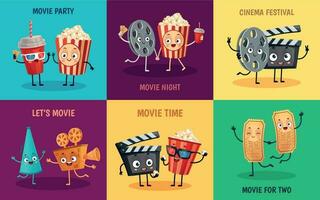 tekenfilm bioscoop karakters. grappig popcorn, bioscoop kaartjes en 3d film bril vrienden mascottes vector illustratie reeks