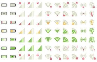 mobiel niveau pictogrammen. netwerk signaal, Wifi verbinding en accu niveaus icoon. gadgets batterijen, telefoon signalen pictogram vector reeks