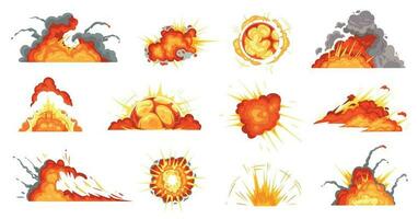 tekenfilm explosies. exploderend bom, brand wolk en explosie barsten vector illustratie reeks