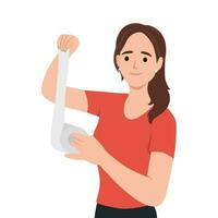 jong vrouw Holding toilet papier rollen vector