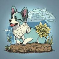 inu corgi mooi puppy hond in zomer en bloem vector