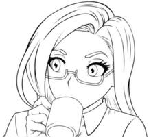 anime meisje drinken koffie lijn kunst vector