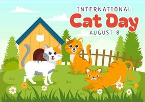 Internationale kat dag vector illustratie Aan augustus 8 met katten dieren liefde viering in vlak tekenfilm hand- getrokken achtergrond Sjablonen