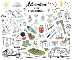 camping wandelen hand getrokken schets doodle set vectorillustratie vector