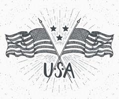 vintage label hand getekend gekruiste usa vlaggen gelukkige onafhankelijkheidsdag vierde juli viering wenskaart grunge getextureerde retro badge typografie ontwerp vectorillustratie vector