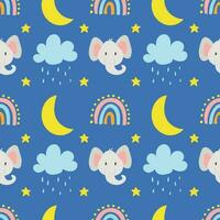 naadloos vector patroon met schattig olifanten, sterren, wolken, regenboog en maan Aan blauw achtergrond.