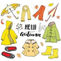 herfstseizoen kleding set. hand getrokken doodles en belettering vectorillustratie. vector