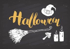 halloween wenskaart. belettering kalligrafie teken en met de hand getekende elementen, uitnodiging voor feest of vakantie banner ontwerp vectorillustratie op schoolbord achtergrond vector