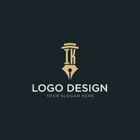 ik monogram eerste logo met fontein pen en pijler stijl vector