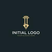 het monogram eerste logo met fontein pen en pijler stijl vector