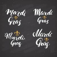 mardi gras kalligrafische letters ingesteld. typografisch groetenontwerp. kalligrafie belettering voor vakantiegroet. hand getrokken belettering tekst vectorillustratie op schoolbord achtergrond vector