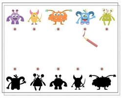 vind de Rechtsaf schaduw, een leerzaam spel voor kinderen, tekenfilm monsters, buitenaardse wezens in een vliegend schotel. vector illustratie Aan een wit achtergrond.